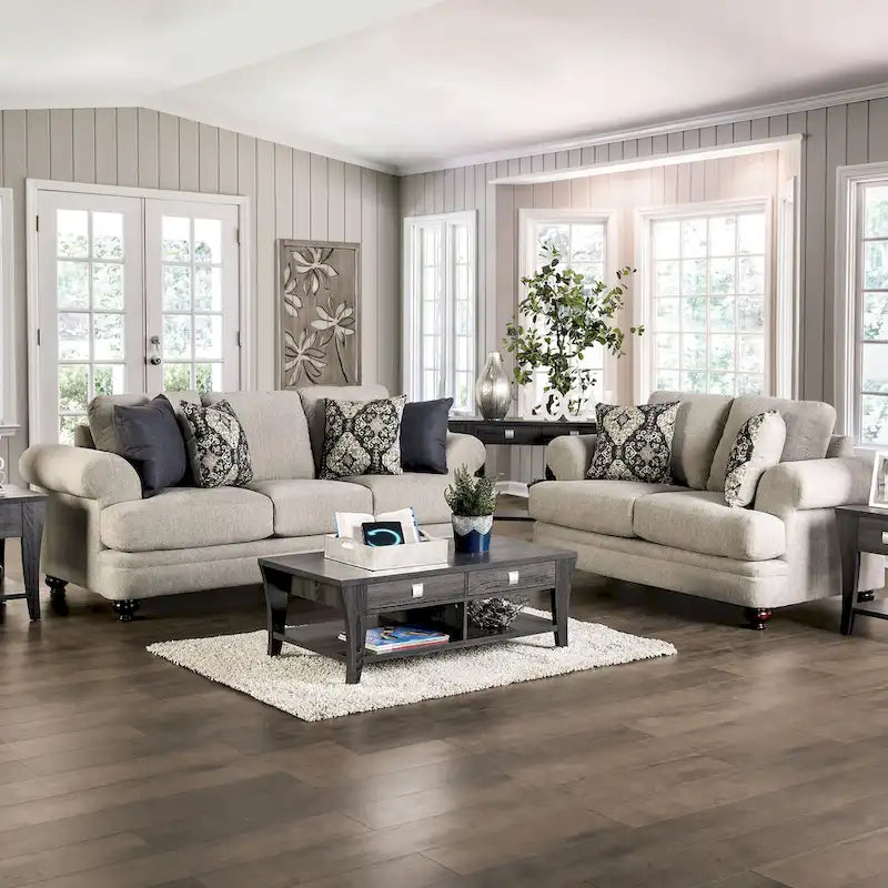 Transitional Beige Chenille Upholstered T-Cushion Sofa