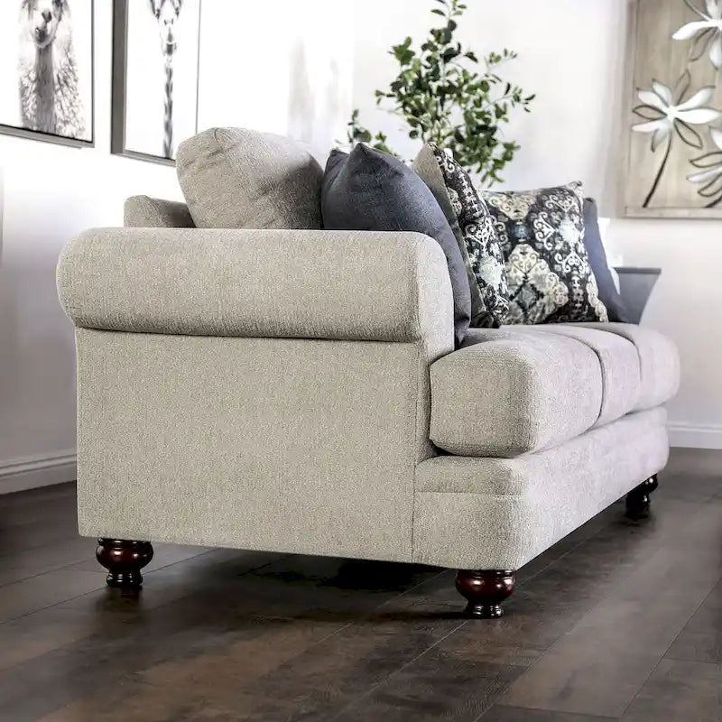 Transitional Beige Chenille Upholstered T-Cushion Sofa