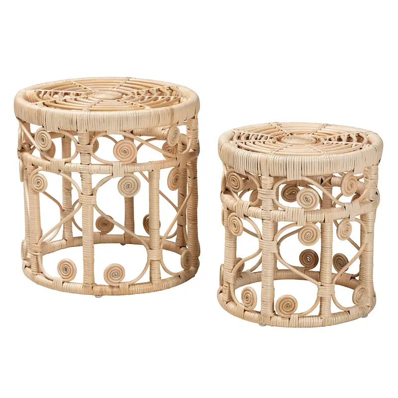 Modern Bohemian Natural Brown Rattan 2-Piece Nesting End Table Set