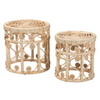 Modern Bohemian Natural Brown Rattan 2-Piece Nesting End Table Set