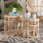 Modern Bohemian Natural Brown Rattan 2-Piece Nesting End Table Set