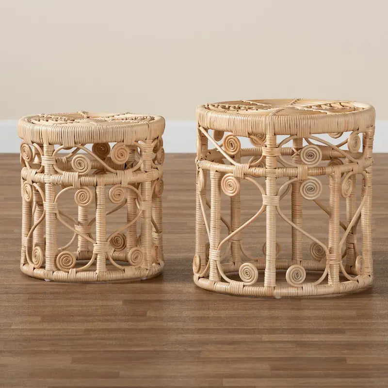 Modern Bohemian Natural Brown Rattan 2-Piece Nesting End Table Set
