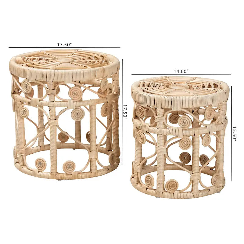 Modern Bohemian Natural Brown Rattan 2-Piece Nesting End Table Set