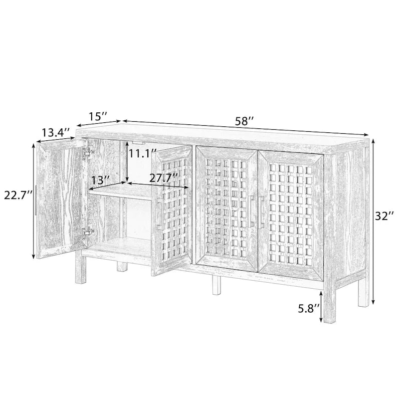 Retro Sideboard with 4 Door Large Storage and Adjustable Shelves - N/A