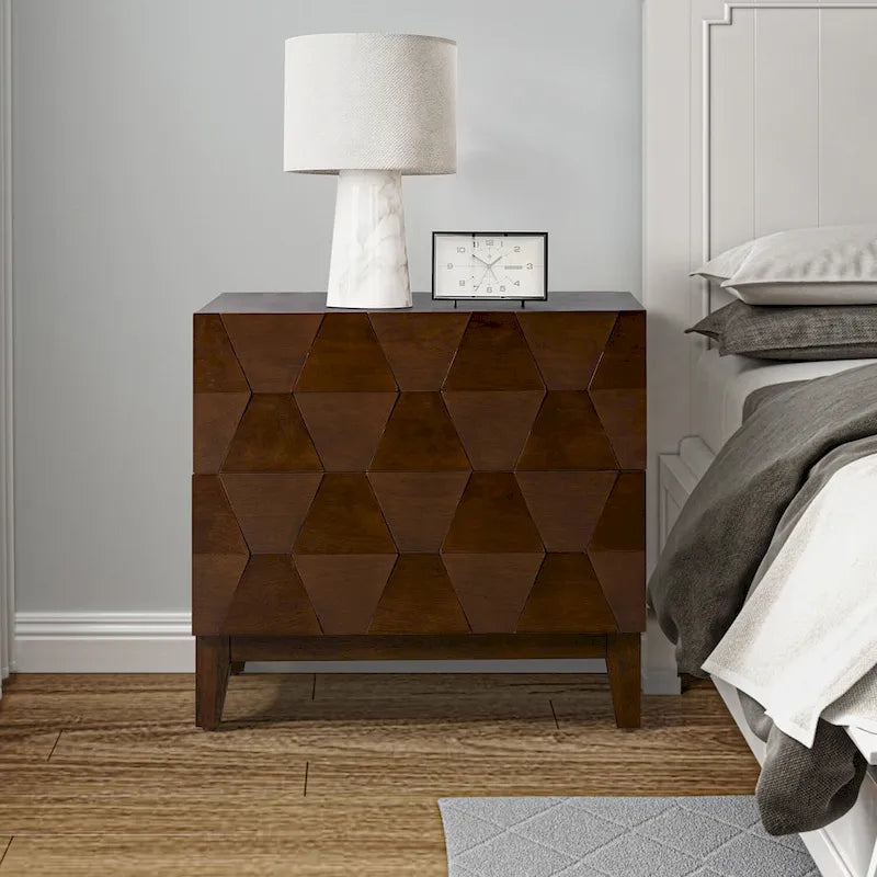 Mid-Century 2-Drawer Storage Nightstand with Adjustable Solid Wood Legs and Charging Station