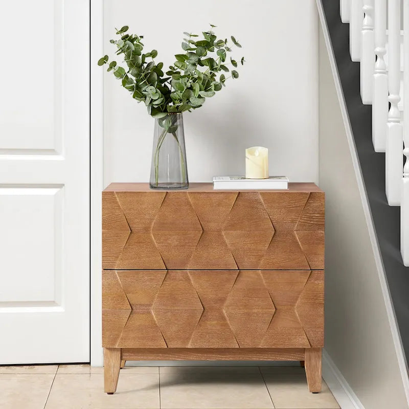 Mid-Century 2-Drawer Storage Nightstand with Adjustable Solid Wood Legs and Charging Station
