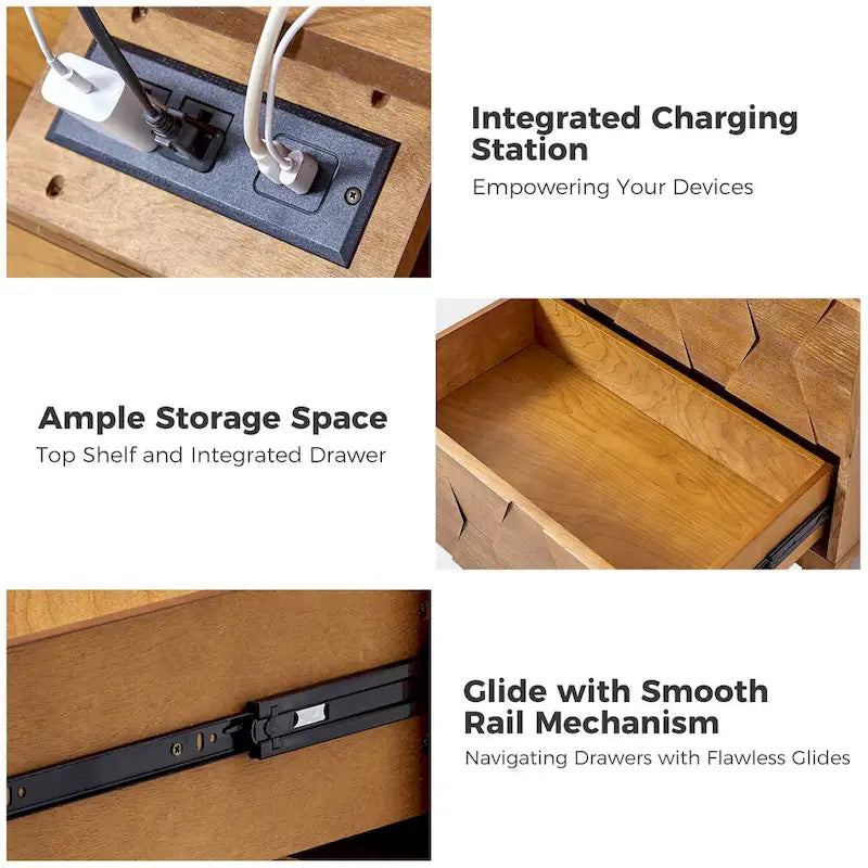 Mid-Century 2-Drawer Storage Nightstand with Adjustable Solid Wood Legs and Charging Station