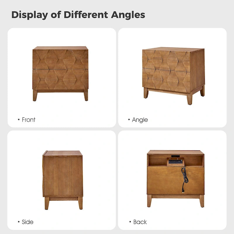 Mid-Century 2-Drawer Storage Nightstand with Adjustable Solid Wood Legs and Charging Station