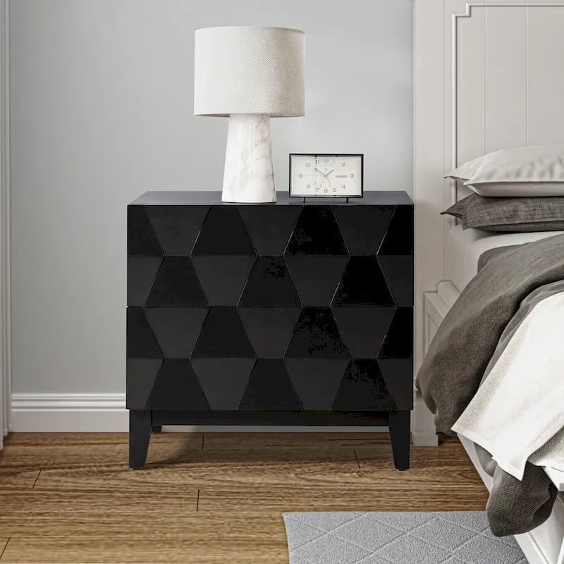 Mid-Century 2-Drawer Storage Nightstand with Adjustable Solid Wood Legs and Charging Station