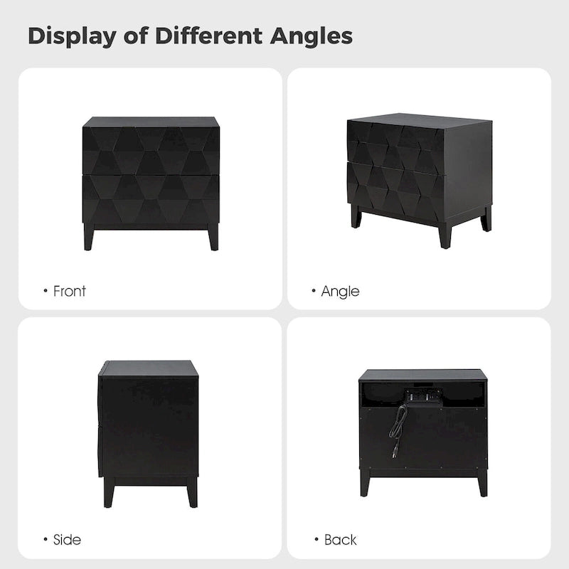 Mid-Century 2-Drawer Storage Nightstand with Adjustable Solid Wood Legs and Charging Station