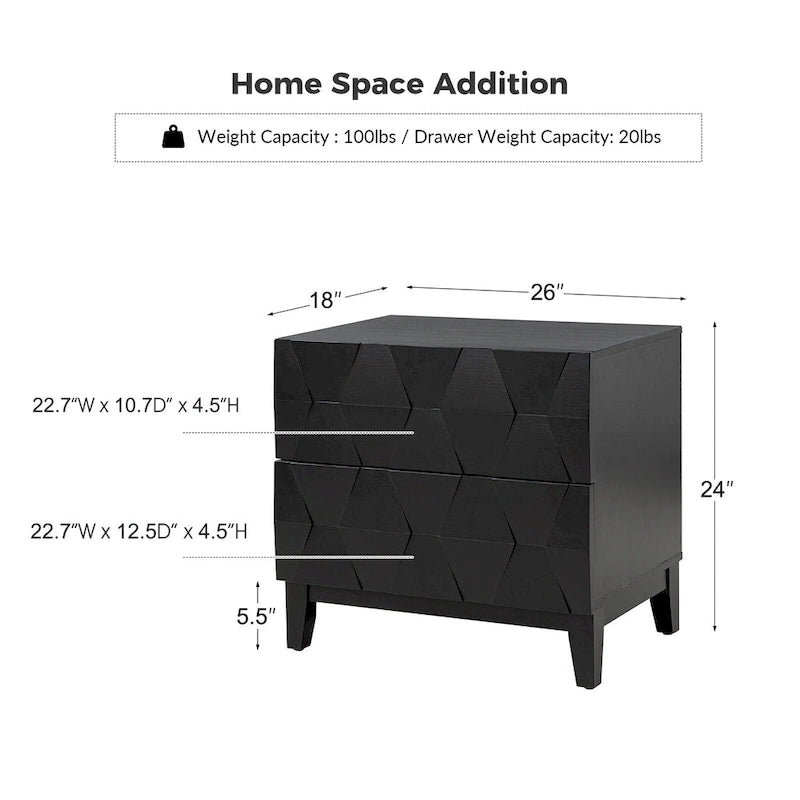 Mid-Century 2-Drawer Storage Nightstand with Adjustable Solid Wood Legs and Charging Station