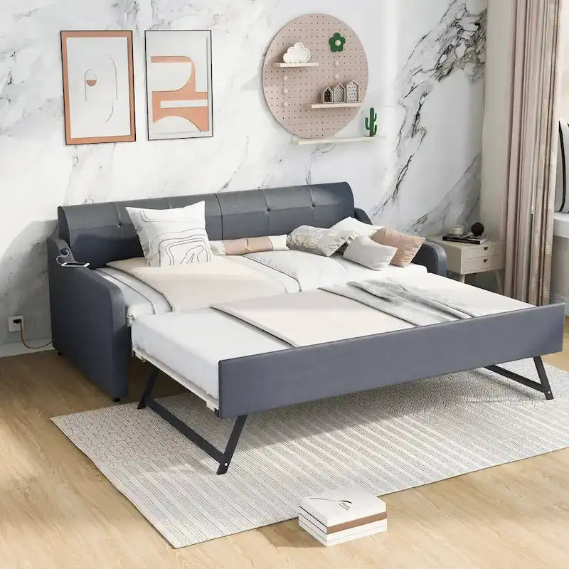 Upholstery Daybed with Trundle and USB Charging Design