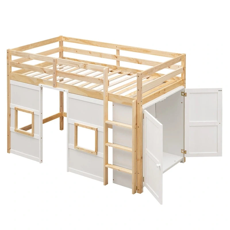 Wood Twin Size Loft Bed with Built-in Storage Wardrobe and 2 Windows, Gray