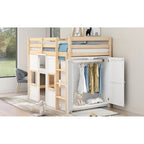 Wood Twin Size Loft Bed with Built-in Storage Wardrobe and 2 Windows, Gray