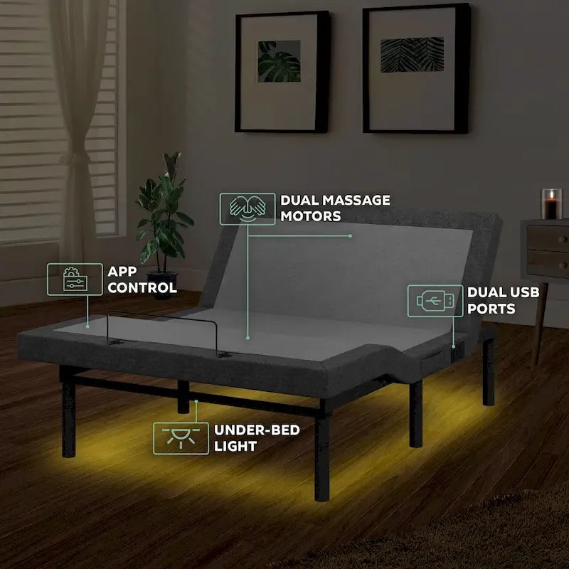 Split King Adjustable Bed Frame with 12-inch Gel Memory Foam Mattress, USB, App, Massage, Remote