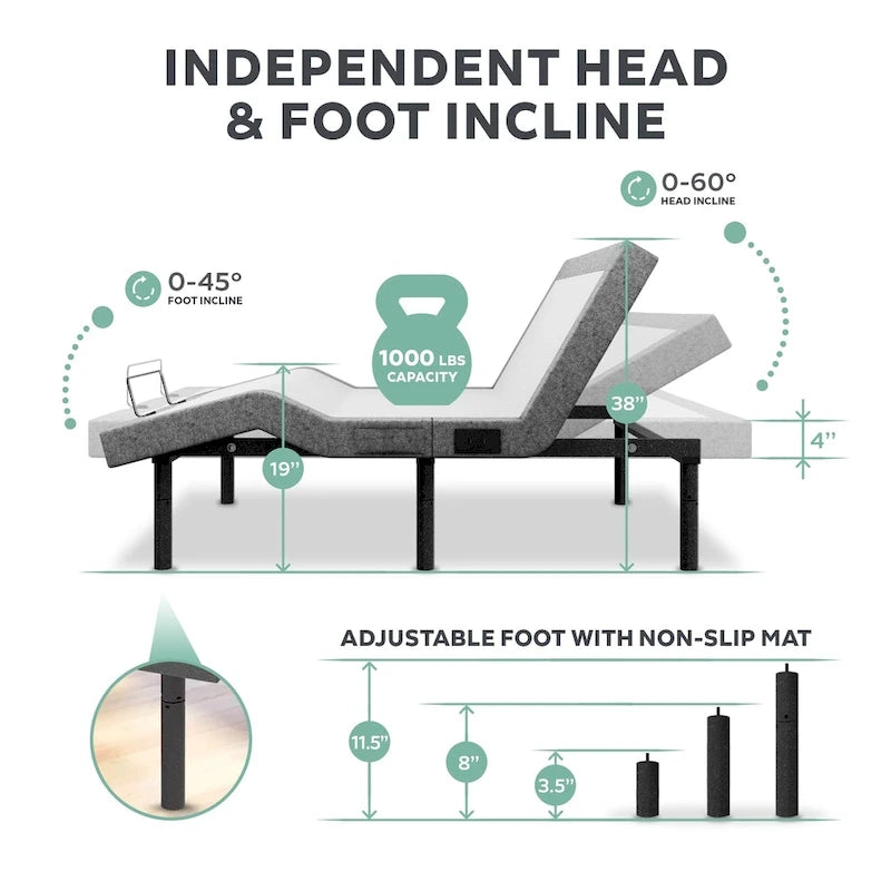 Split King Adjustable Bed Frame with 12-inch Gel Memory Foam Mattress, USB, App, Massage, Remote