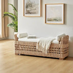 Boho Coastal Ratten Storage Bench with Hollow-Carved Design and Solid Wood Foot