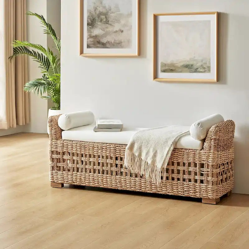 Boho Coastal Ratten Storage Bench with Hollow-Carved Design and Solid Wood Foot