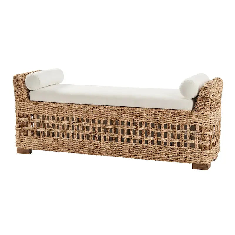 Boho Coastal Ratten Storage Bench with Hollow-Carved Design and Solid Wood Foot