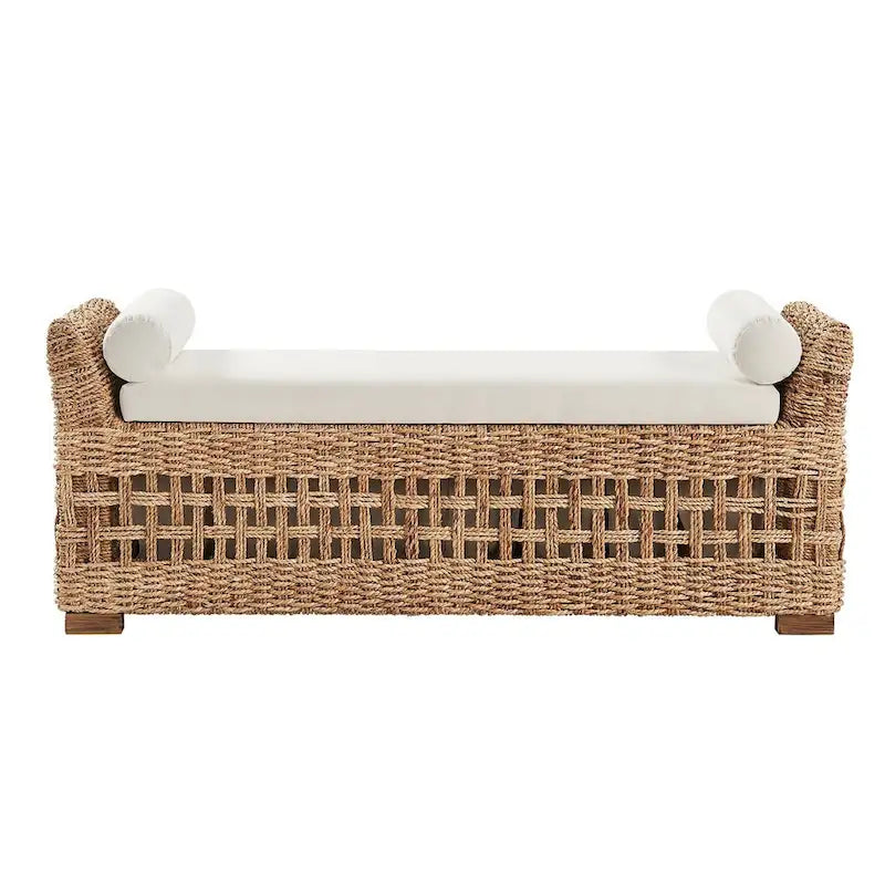 Boho Coastal Ratten Storage Bench with Hollow-Carved Design and Solid Wood Foot