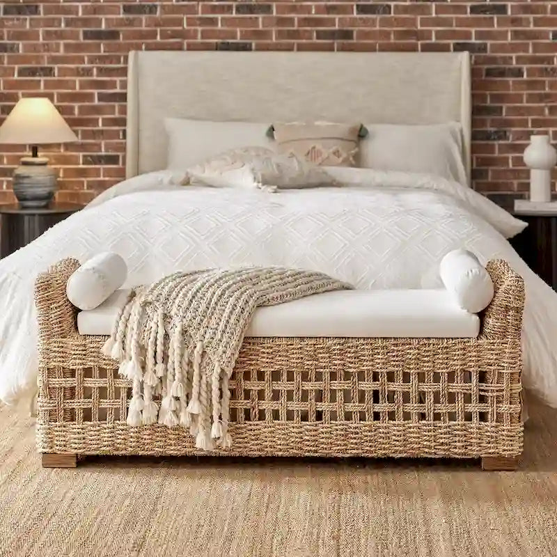 Boho Coastal Ratten Storage Bench with Hollow-Carved Design and Solid Wood Foot