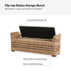 Boho Coastal Ratten Storage Bench with Hollow-Carved Design and Solid Wood Foot