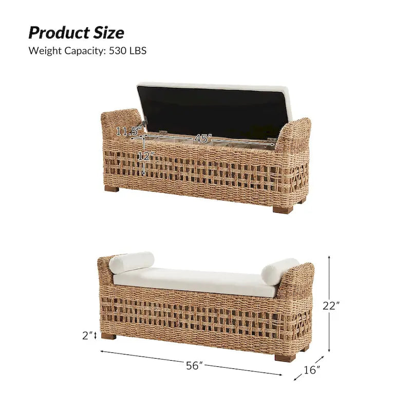 Boho Coastal Ratten Storage Bench with Hollow-Carved Design and Solid Wood Foot