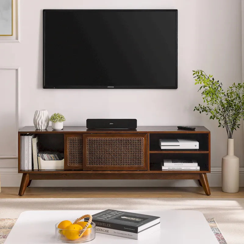 59 Inch Mid Century Modern Rattan TV Stand for 65 Inch TV