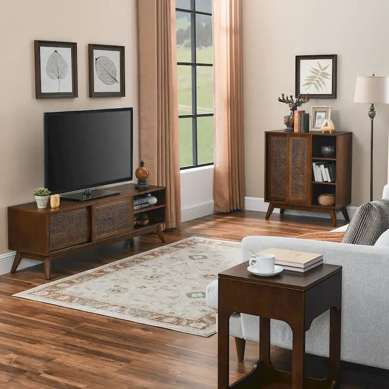 59 Inch Mid Century Modern Rattan TV Stand for 65 Inch TV