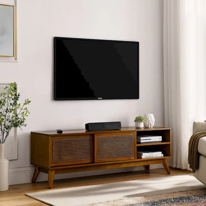59 Inch Mid Century Modern Rattan TV Stand for 65 Inch TV