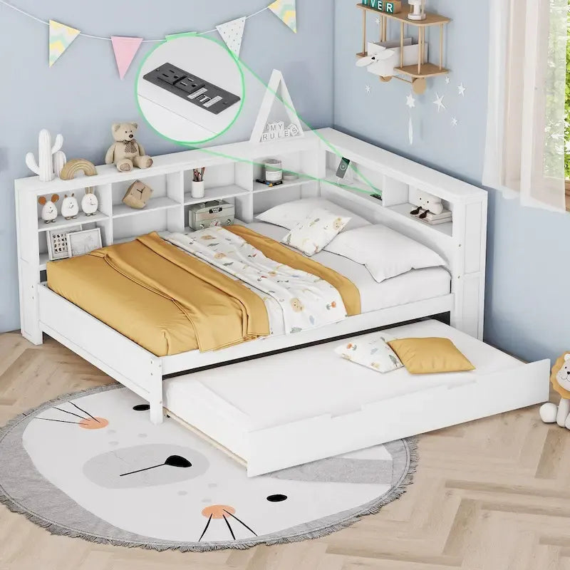 Twin/Full Size Daybed with Twin Trundle, Daybed with Storage Shelf and USB Charging Ports