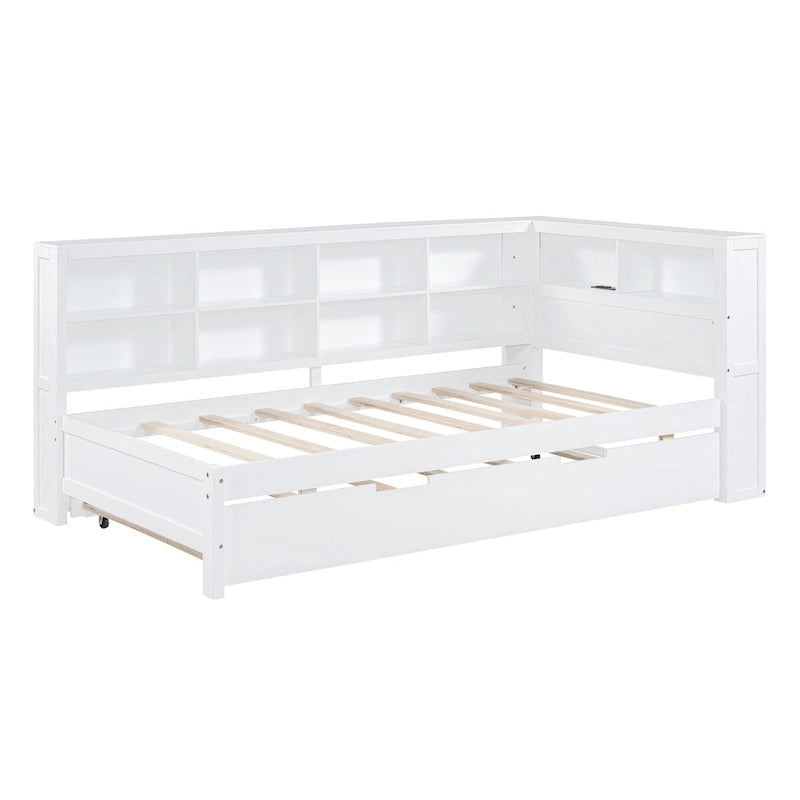 Twin/Full Size Daybed with Twin Trundle, Daybed with Storage Shelf and USB Charging Ports