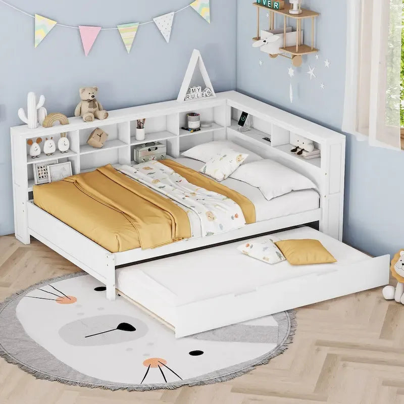 Twin/Full Size Daybed with Twin Trundle, Daybed with Storage Shelf and USB Charging Ports