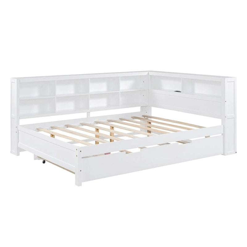 Twin/Full Size Daybed with Twin Trundle, Daybed with Storage Shelf and USB Charging Ports