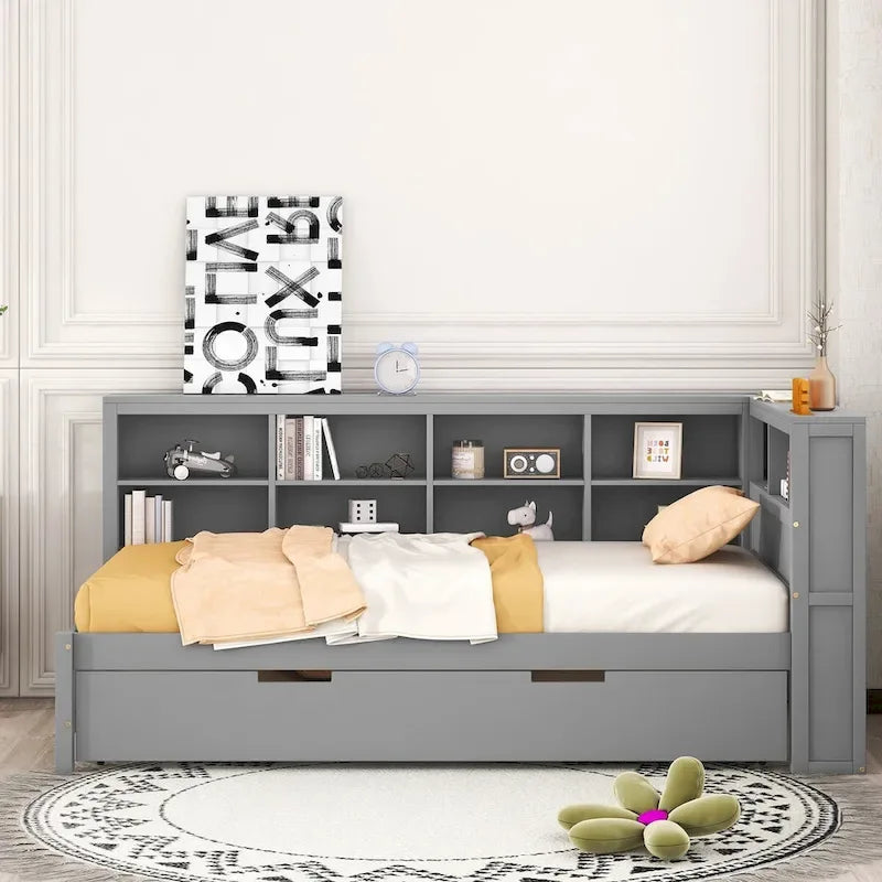 Twin/Full Size Daybed with Twin Trundle, Daybed with Storage Shelf and USB Charging Ports