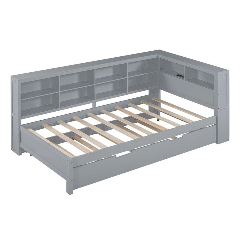 Twin/Full Size Daybed with Twin Trundle, Daybed with Storage Shelf and USB Charging Ports