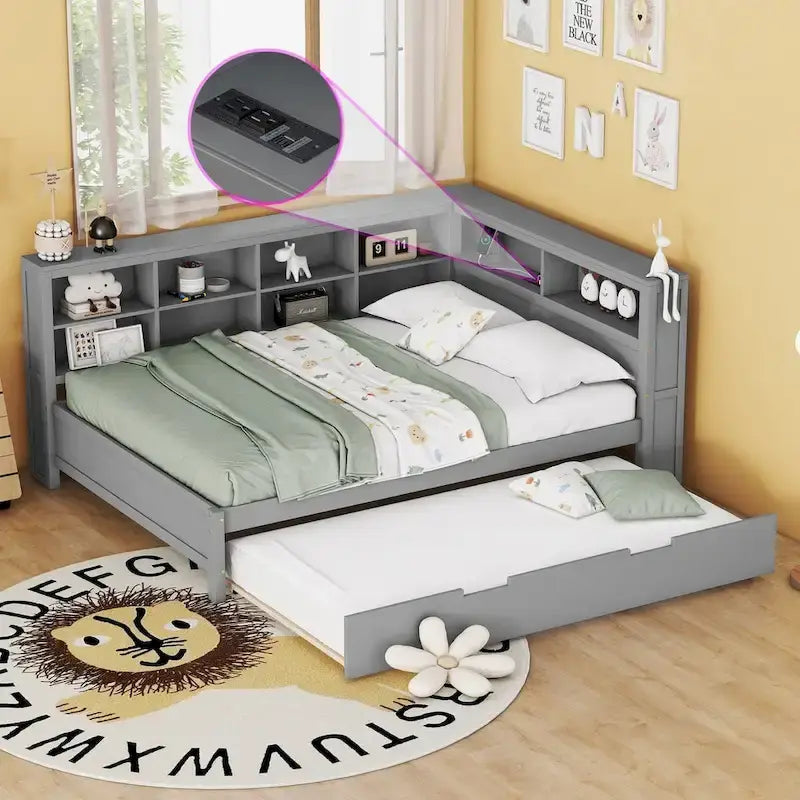 Twin/Full Size Daybed with Twin Trundle, Daybed with Storage Shelf and USB Charging Ports