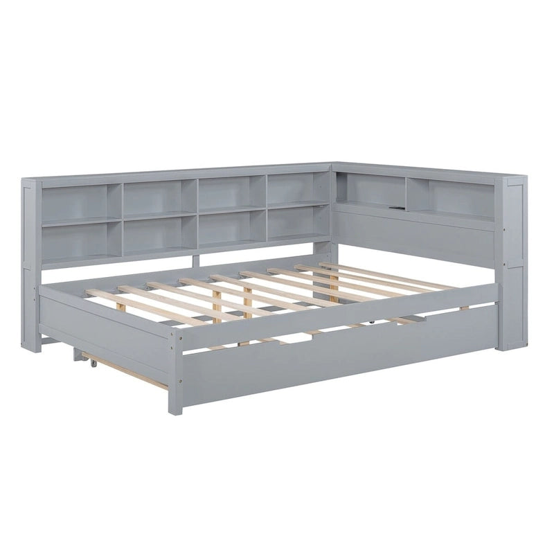 Twin/Full Size Daybed with Twin Trundle, Daybed with Storage Shelf and USB Charging Ports