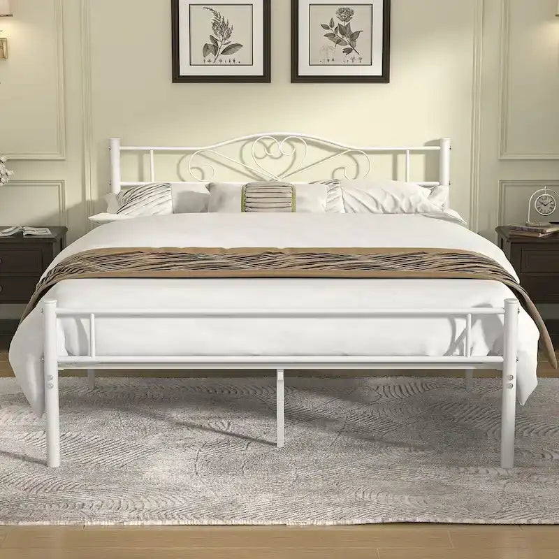Full Size Metal Bed Bed Frame with Headboard and Footboard, White