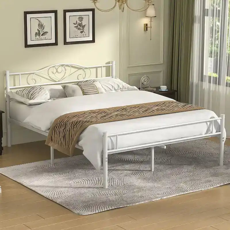 Full Size Metal Bed Bed Frame with Headboard and Footboard, White