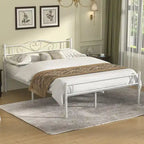 Full Size Metal Bed Bed Frame with Headboard and Footboard, White