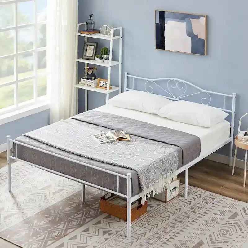 Full Size Metal Bed Bed Frame with Headboard and Footboard, White