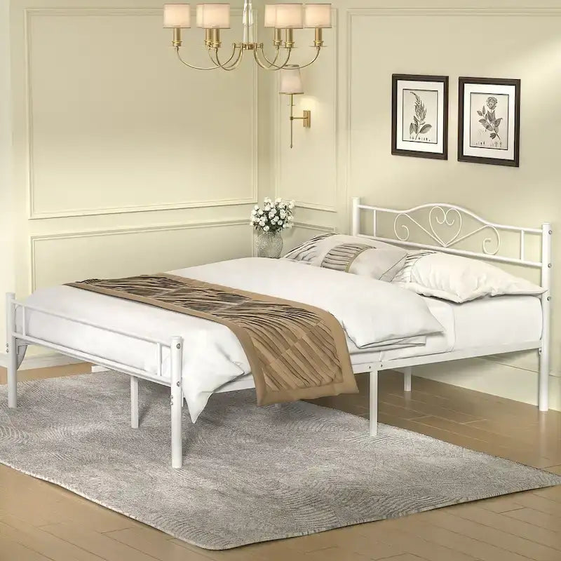 Full Size Metal Bed Bed Frame with Headboard and Footboard, White