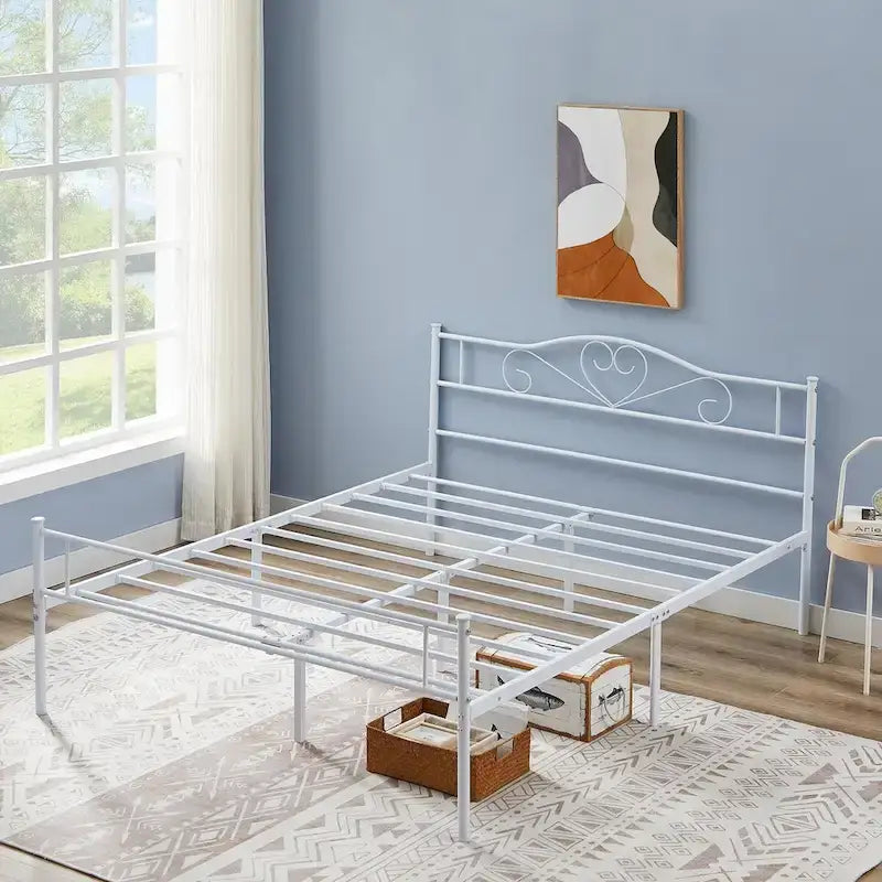 Full Size Metal Bed Bed Frame with Headboard and Footboard, White