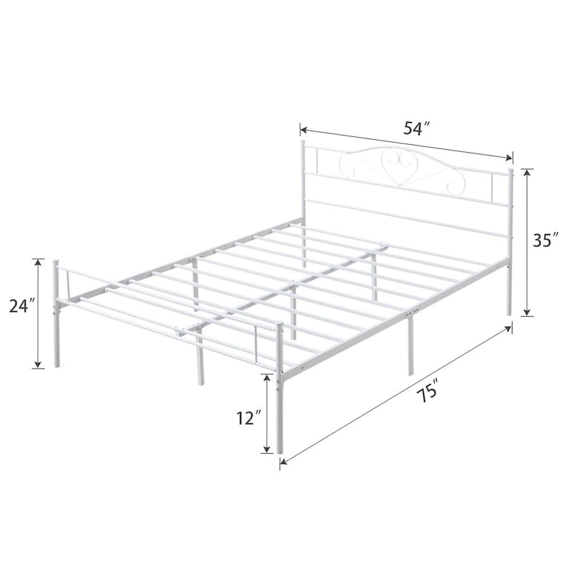 Full Size Metal Bed Bed Frame with Headboard and Footboard, White
