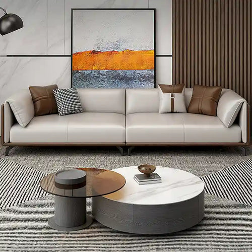 Faux Leather Pillow Top Arm Sofa with Reversible Cushions - three seat