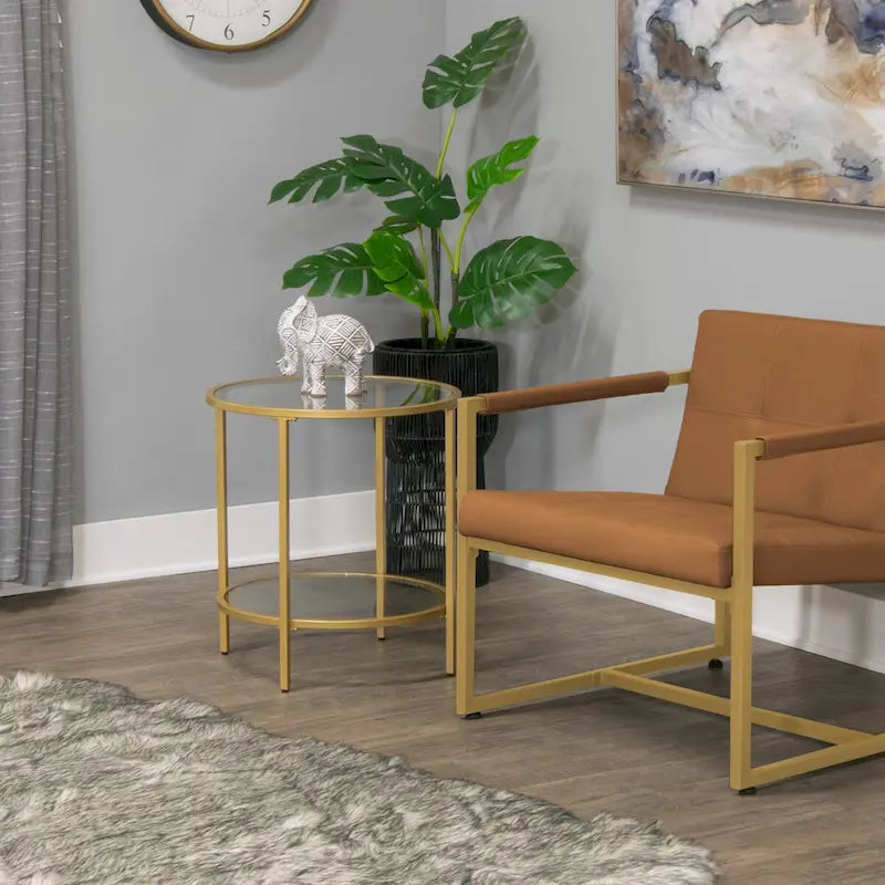 Glass with Metal Frame Round Modern Glass End Table