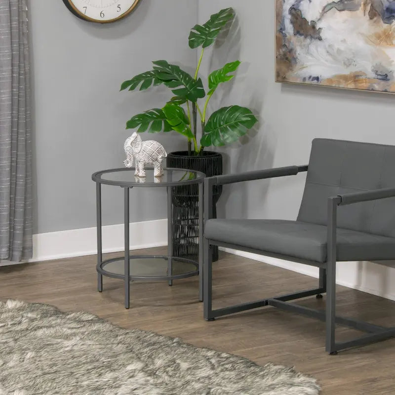 Glass with Metal Frame Round Modern Glass End Table