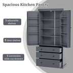 77inch Farmhouse Kitchen Pantry, Freestanding Tall Cupboard Storage Cabinet with 3 Adjustable Shelves, 8 Door Shelves, 3 Drawers