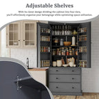 77inch Farmhouse Kitchen Pantry, Freestanding Tall Cupboard Storage Cabinet with 3 Adjustable Shelves, 8 Door Shelves, 3 Drawers